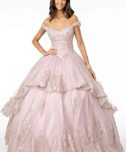 Elizabeth K - GL1819 Glitter Lace Appliqued Off Shoulder Ballgown