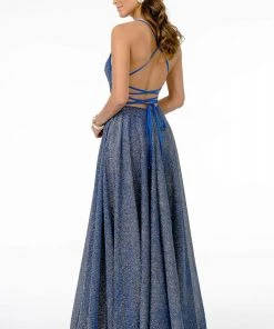 Elizabeth K - GL1828 Plunging Pleat-Ornate Bodice Glitter Lame Gown