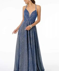 Elizabeth K - GL1828 Plunging Pleat-Ornate Bodice Glitter Lame Gown