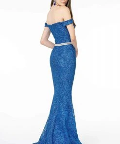Elizabeth K - GL1829 Off Shoulder Jeweled Waist Glitter Gown