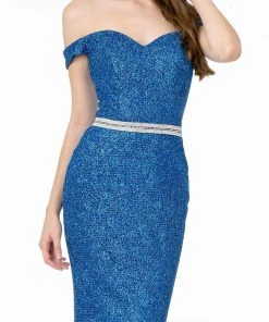 Elizabeth K - GL1829 Off Shoulder Jeweled Waist Glitter Gown 10 Elizabeth K - GL1829 Off Shoulder Jeweled Waist Glitter Gown