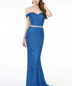 Elizabeth K - GL1829 Off Shoulder Jeweled Waist Glitter Gown