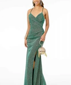 Elizabeth K - GL1831 V-Neck Bodycon Glitter Crepe Long Dress