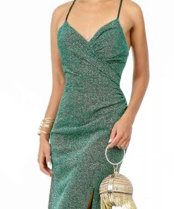 Elizabeth K - GL1831 V-Neck Bodycon Glitter Crepe Long Dress