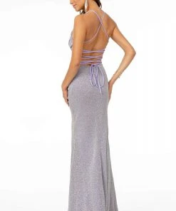 Elizabeth K - GL1831 V-Neck Bodycon Glitter Crepe Long Dress