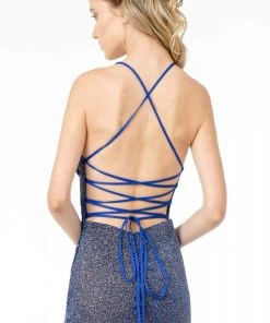 Elizabeth K - GL1831 V-Neck Bodycon Glitter Crepe Long Dress