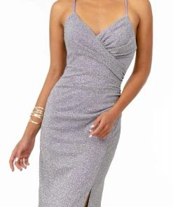 Elizabeth K - GL1831 V-Neck Bodycon Glitter Crepe Long Dress