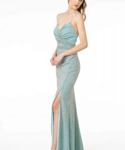 Elizabeth K - GL1831 V-Neck Bodycon Glitter Crepe Long Dress