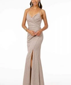 Elizabeth K - GL1831 V-Neck Bodycon Glitter Crepe Long Dress