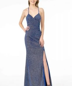 Elizabeth K - GL1831 V-Neck Bodycon Glitter Crepe Long Dress