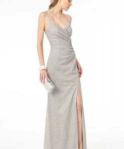 Elizabeth K - GL1831 V-Neck Bodycon Glitter Crepe Long Dress