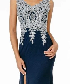 Elizabeth K - GL1839 Appliqued Bodice High Slit Long Dress 10 Elizabeth K - GL1839 Appliqued Bodice High Slit Long Dress