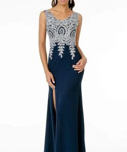 Elizabeth K - GL1839 Appliqued Bodice High Slit Long Dress