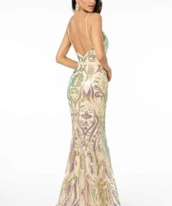 Elizabeth K - GL1845 Plunging V-Neck Iridescent Sequined Gown