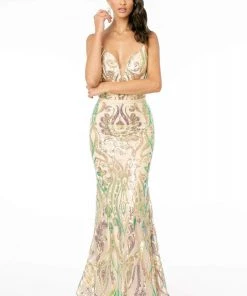 Elizabeth K - GL1845 Plunging V-Neck Iridescent Sequined Gown