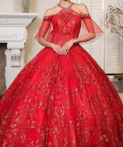 Elizabeth K - GL1928 Jewel Beaded Glitter Print Mesh Ballgown