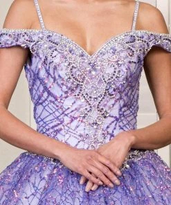 Elizabeth K - GL1928 Jewel Beaded Glitter Print Mesh Ballgown