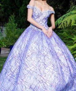 Elizabeth K - GL1928 Jewel Beaded Glitter Print Mesh Ballgown