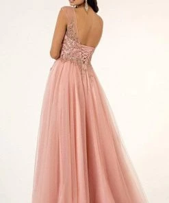 Elizabeth K - GL1954 Embellished Bateau Mesh A-line Gown