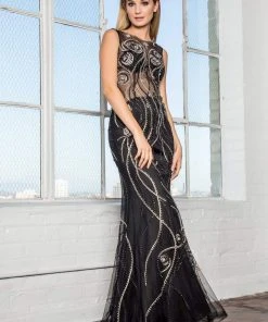 Elizabeth K - GL2149 Illusion Jewel Swirl Motif Embroidered Gown