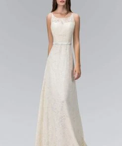 Elizabeth K - GL2170 Lace Embellished Scoop Neck Long Dress