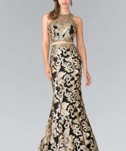 Elizabeth K - GL2272 Mock Two-Piece With Golden Applique Gown