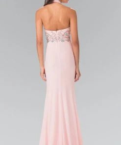 Elizabeth K - GL2279 Beaded Halter Neck Rome Jersey Sheath Dress