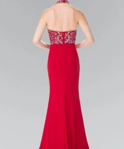 Elizabeth K - GL2279 Beaded Halter Neck Rome Jersey Sheath Dress
