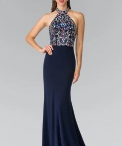 Elizabeth K - GL2279 Beaded Halter Neck Rome Jersey Sheath Dress