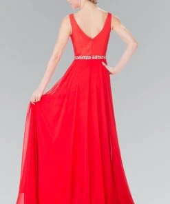 Elizabeth K - GL2293 V-Neck With Embellished Waist Chiffon Gown 5 Elizabeth K - GL2293 V-Neck With Embellished Waist Chiffon Gown