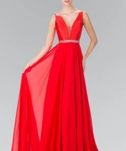 Elizabeth K - GL2293 V-Neck With Embellished Waist Chiffon Gown