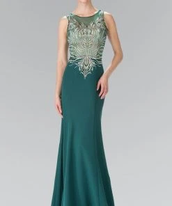 Elizabeth K - GL2323 Embellished Scoop Neck Rome Trumpet Dress