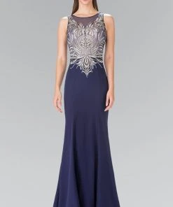 Elizabeth K - GL2323 Embellished Scoop Neck Rome Trumpet Dress