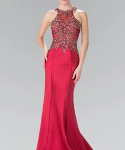 Elizabeth K - GL2325 Embellished High Neck Jersey Trumpet Dress