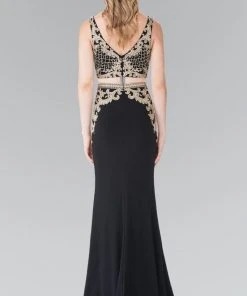 Elizabeth K - GL2334 Beaded V-Neck Jersey Trumpet Dress