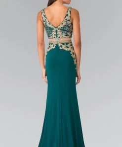 Elizabeth K - GL2334 Beaded V-Neck Jersey Trumpet Dress