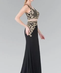 Elizabeth K - GL2334 Beaded V-Neck Jersey Trumpet Dress