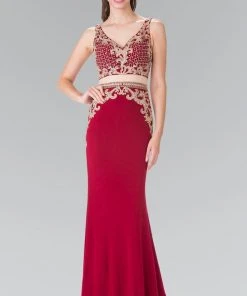 Elizabeth K - GL2334 Beaded V-Neck Jersey Trumpet Dress