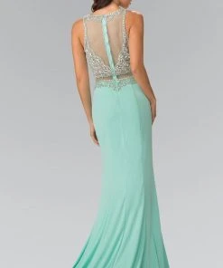 Elizabeth K - GL2342 Bead Embellished Illusion Sweetheart Dress