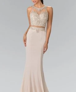 Elizabeth K - GL2342 Bead Embellished Illusion Sweetheart Dress