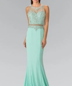 Elizabeth K - GL2342 Bead Embellished Illusion Sweetheart Dress