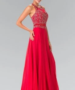 Elizabeth K - GL2347 Embellished Crew Neck Chiffon A-Line Dress