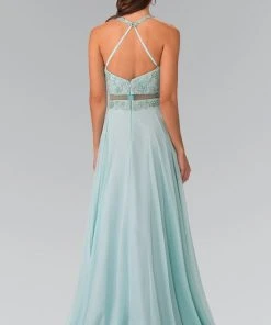 Elizabeth K - GL2347 Embellished Crew Neck Chiffon A-Line Dress