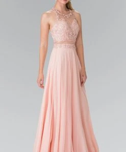 Elizabeth K - GL2347 Embellished Crew Neck Chiffon A-Line Dress