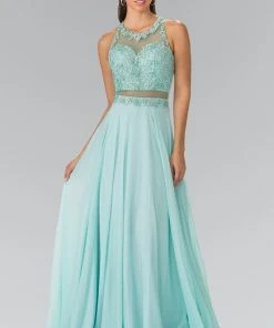 Elizabeth K - GL2347 Embellished Crew Neck Chiffon A-Line Dress