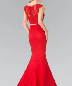 Elizabeth K - GL2354 Embellished Bateau Neck Lace Mermaid Dress