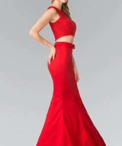 Elizabeth K - GL2354 Embellished Bateau Neck Lace Mermaid Dress