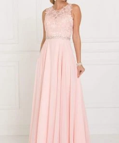 Elizabeth K - GL2417 Illusion Jewel Embellished Lace A-Line Gown