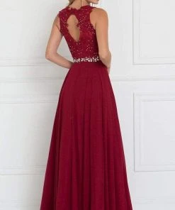 Elizabeth K - GL2417 Illusion Jewel Embellished Lace A-Line Gown