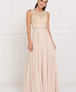 Elizabeth K - GL2417 Illusion Jewel Embellished Lace A-Line Gown